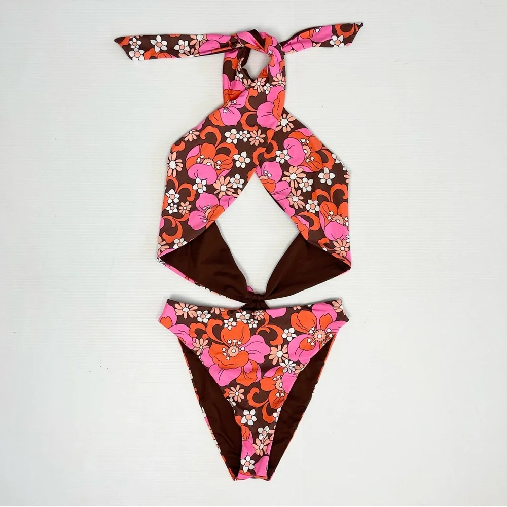 Frankie’s Bikinis Dorothy Floral Halter One Piece Swimsuit